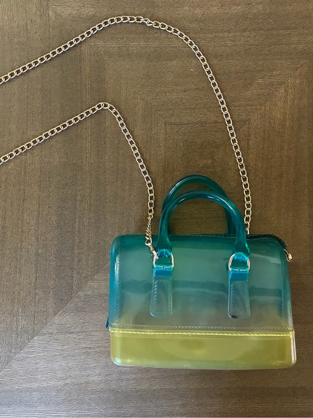 Clear Ombre Teal-to-Yellow Mini Crossbody Bag with Gold Chain - Picture 6 of 6